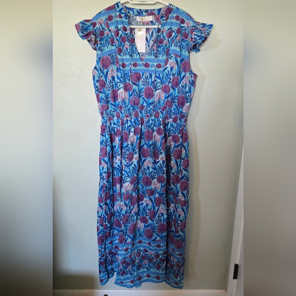 Bindu Tuckernuck | NWT Blue & Purple Floral Cotton Maxi Dress Size XL